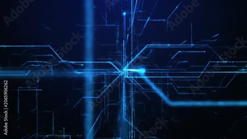 Digital network nodes connected by glowing blue lines radiating from a central hub in a dark futuristic environment.