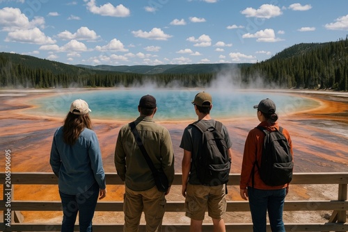 Tourists admire colorful geothermal wonder.