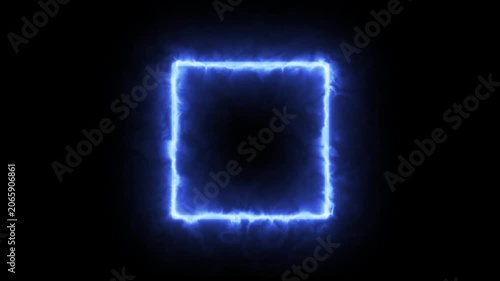 Fantasy style cyan neon square frame animation with shimmering cosmic light, bright blue magical energy rectangle isolated on black 4K