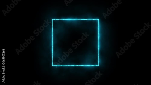 Abstract light blue neon rectangle frame animation with mysterious smoke overlay, vibrant cyan power lines light effect isolated on black 4K