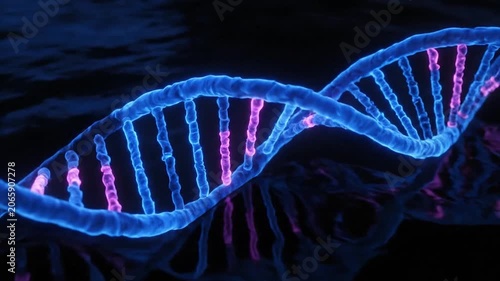 Digital DNA helix glows with neon blue and pink strands against a dark background highlighting genetic sequencing data.