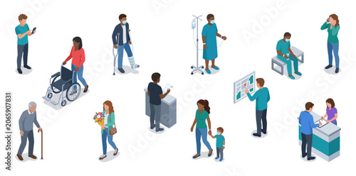 Fotografía Hospital patients and diverse visitors in medical clinic | Isometric healthcare