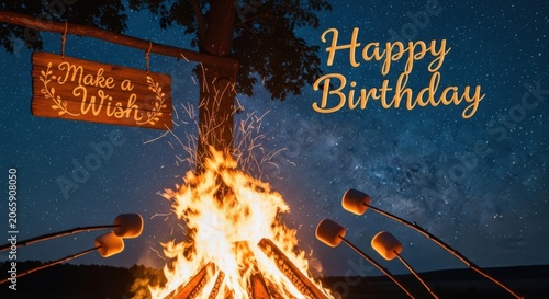 Happy Birthday greeting with campfire marshmallows and star filled night sky background
