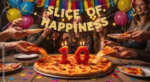 Happy friends sharing a delicious pepperoni pizza at a birthday party