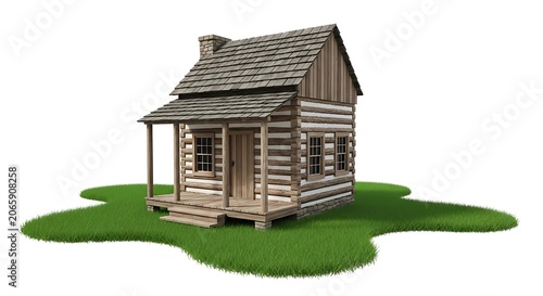 A small wooden cabin sits on green grass with a porch and chimney.