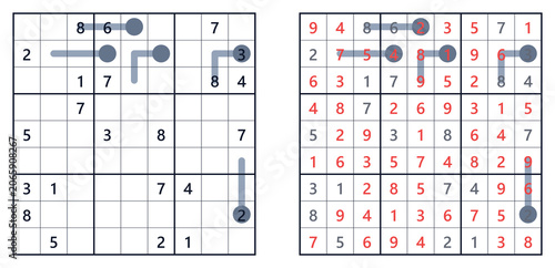 Tableau sur toile Sudoku puzzle 9x9 expert level with thermo constraints, printable for adults wit