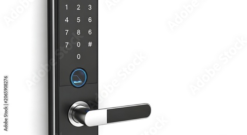 A close-up view of a modern electronic door lock with a sleek handle and keypad on a white background