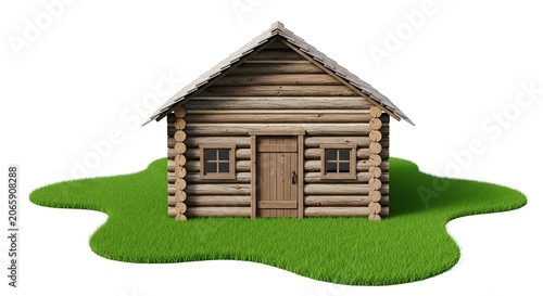 A small log cabin sits on a patch of green grass outdoors