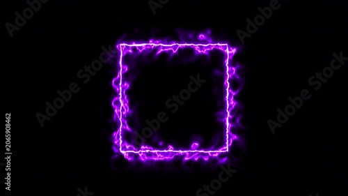 Abstract mauve neon rectangle frame animation with high power light surge, bright purple geometric energy current isolated on black background 4K