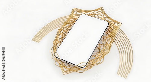 A smartphone rests on a modern gold wire mesh stand on a white surface