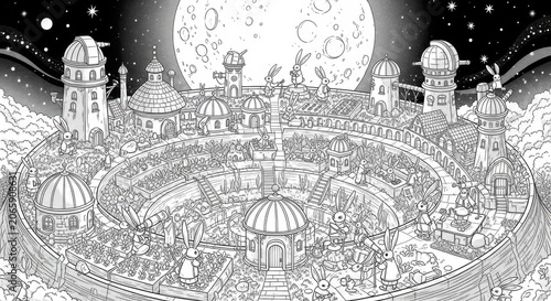 Intricate black and white drawing of a whimsical moon city