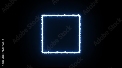 Abstract cyan neon rectangle frame animation with dynamic electrical current, bright blue geometric lightning light effect isolated on black 4K
