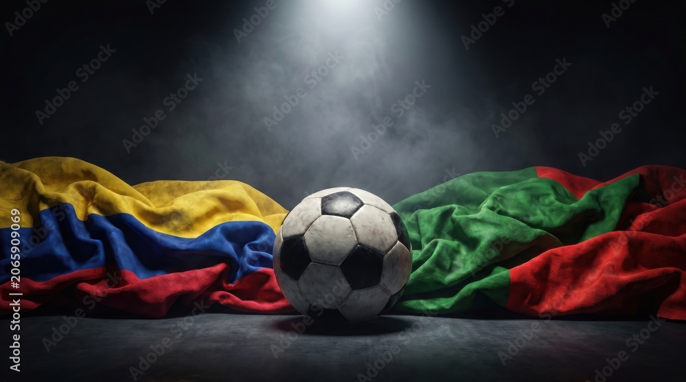 Fototapeta premium Soccer ball between the flags of colombia and portugal on a dark background