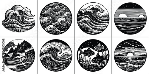 Photos Set of black and white ocean wave illustrations, round marine life emblems, and linocut style sea landscape badges for t-shirt design
