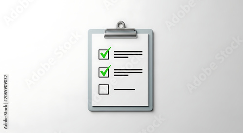 Clipboard with a checklist with two green checkmarks and one empty checkbox isolated on white background