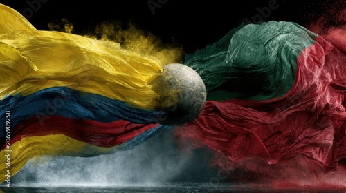 Soccer ball colliding with colombia and portugal flags in a cloud of colorful powder