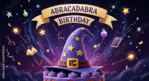 Magical birthday cake with wizard hat and starry night themed party decoration