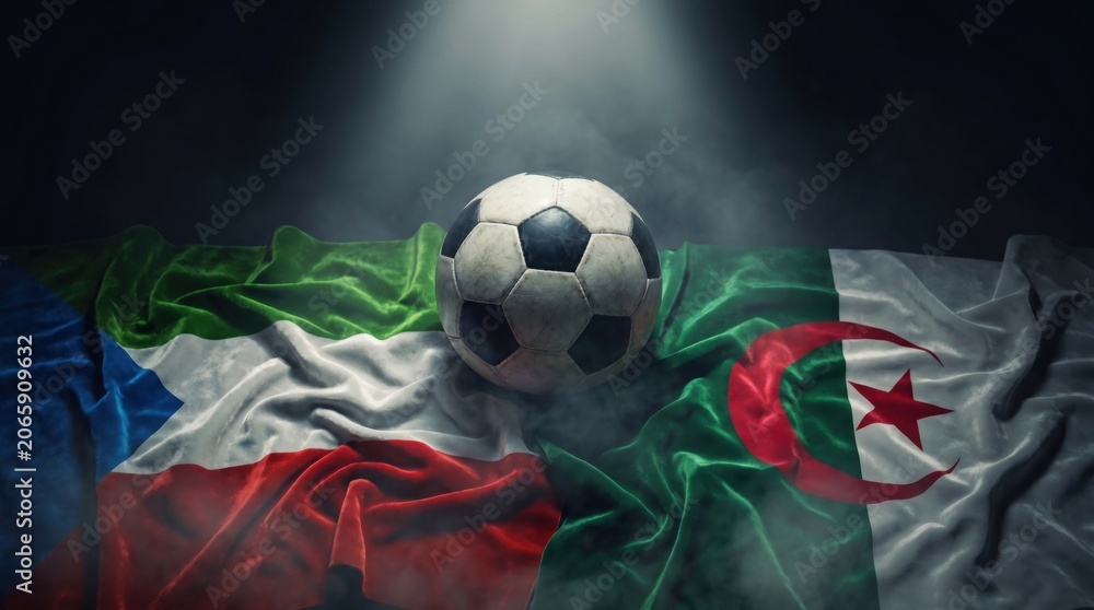 Naklejka premium Soccer ball on the flags of equatorial guinea and algeria
