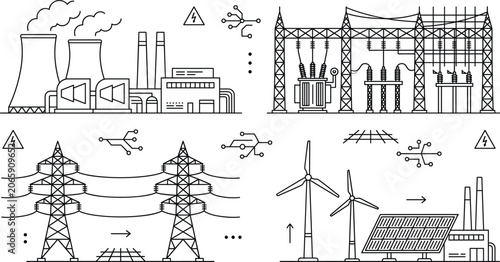 Obraz na plátně Power transmission towers electrical substation nuclear plant wind turbines sola