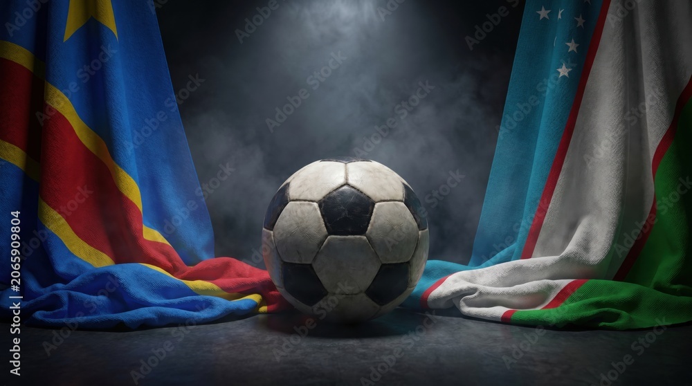 Naklejka premium Soccer ball with flags of democratic republic of the congo and uzbekistan