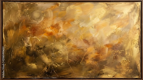 Abstract golden painting with textured brushstrokes and warm tones presented in a dark wood frame for artistic display