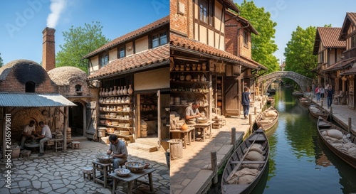 Traditional artisan pottery village with craftspeople working by a scenic river canal