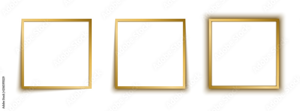 Fototapeta premium Set of three empty gold square photo frames with different shadow effects