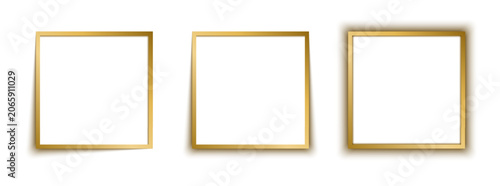 Set of three empty gold square photo frames with different shadow effects