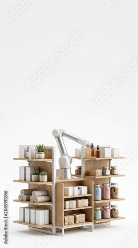 Automated Robotic Arm Arranging Products on Shelves in a Modern Warehouse or Retail Environment
