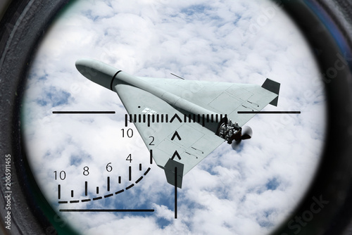 Scope view of attack drone during aerial monitoring of airspace.