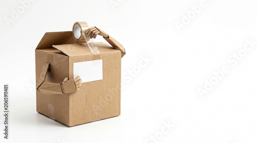 Cardboard box with articulated arms sealing itself with tape on a white background