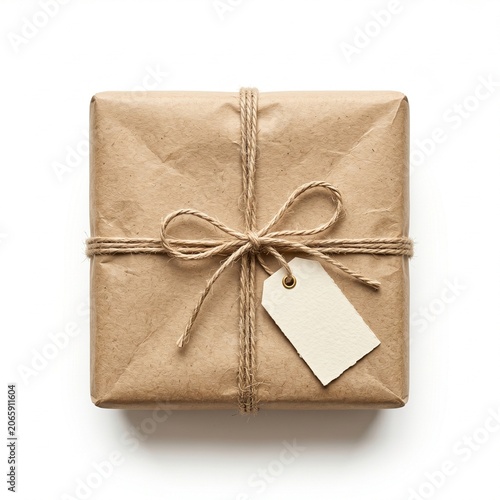 Square gift box wrapped in brown paper tied with twine and a blank tag for personalization