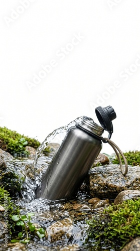 Stainless steel water bottle being filled by a clear stream in a mossy forest setting