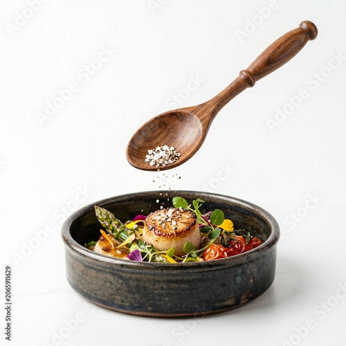 Gourmet Seared Scallop Dish with Fresh Vegetables and Seasoning Sprinkled from a Wooden Spoon