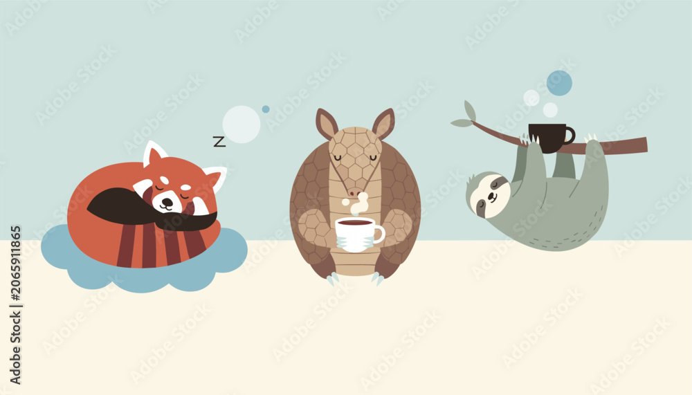 Fototapeta premium Cute illustration of a sleeping red panda, an armadillo drinking from a mug and a sloth hanging while enjoying hot coffee.