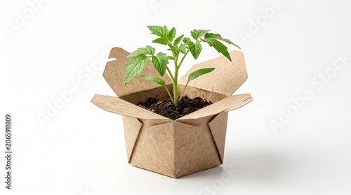 Young tomato plant growing in a disposable cardboard food container on a white background
