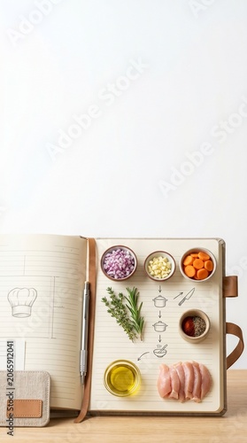 Open notebook with cooking ingredients and recipe illustration for chicken dish preparation