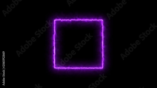 Abstract purple neon rectangle frame animation with high power light current, vibrant violet geometric lightning shock isolated on black background 4K