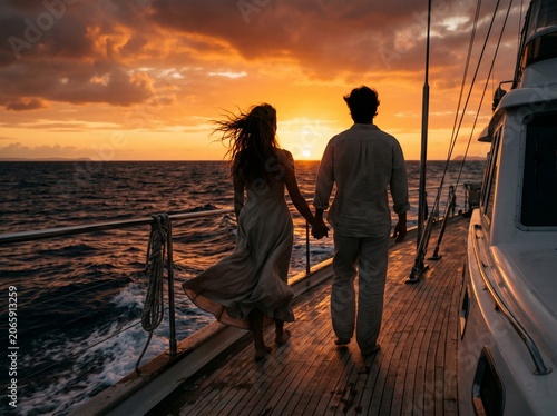 Couple Holding Hands on Sailboat at Sunset