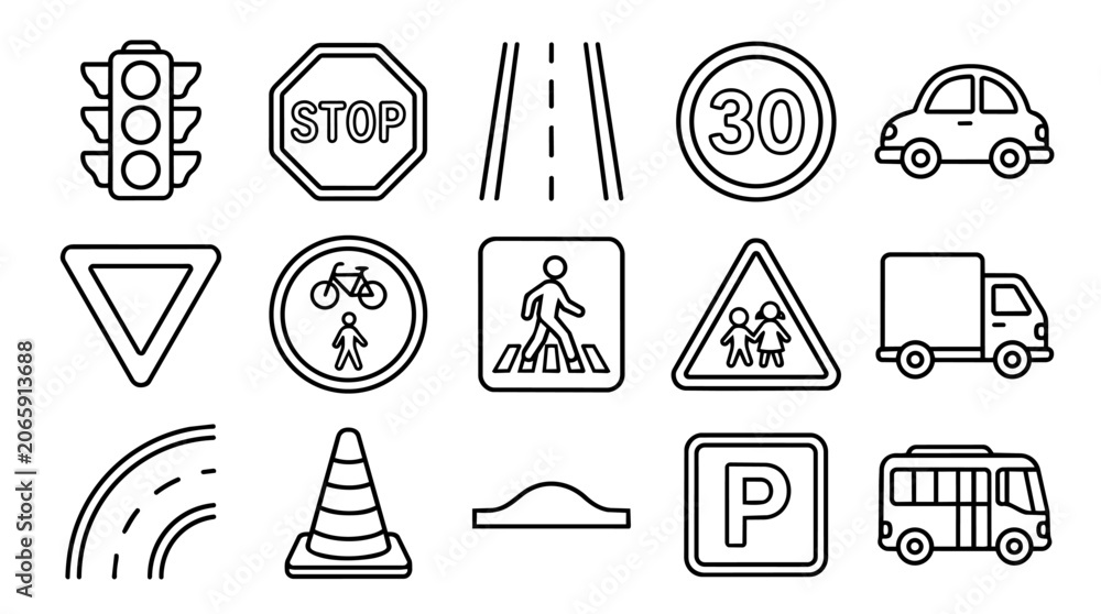 Fototapeta premium Set of Road Traffic Signs and Vehicle Outline Icons