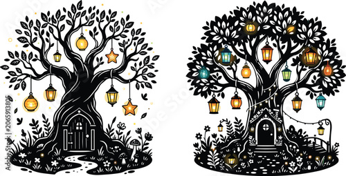 Photos Magical Fairy Trees with Hanging Lanterns and Glowing Lights, Enchanted Woodland