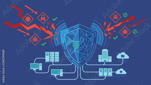 Cyber Threat Defense Shield with Smart Firewall Blocking Malware Attacks Enterprise Server and Cloud Security Vector