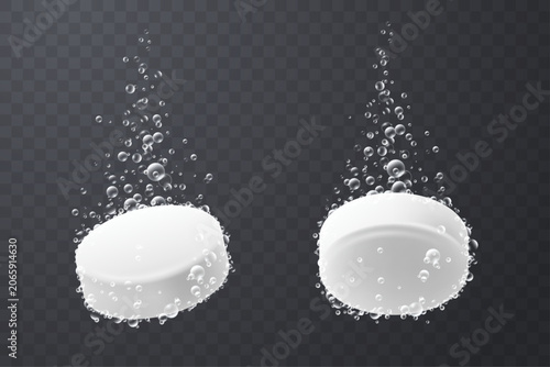 Realistic vector illustration of white effervescent tablets dissolving in water with rising bubbles. Pharmaceutical tablets Isolated on transparent background. Vitamins and nutritional supplements.