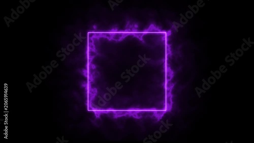 Fantasy style violet neon square frame animation with ethereal light aura, shiny purple magical energy rectangle with smoke isolated on black 4K