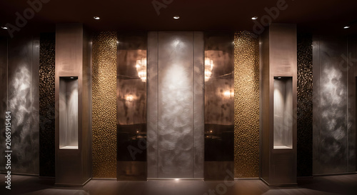 Modern luxury interior wall design with textured metallic panels and recessed display niches
