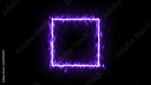 Abstract violet neon rectangle frame animation with dynamic light distortion, vibrant purple geometric energy border isolated on black background 4K