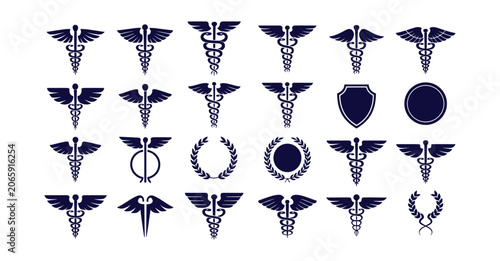 Foto Medical and Security Symbols Collection: A compilation of various dark blue medical caduceus symbols, laurel wreaths, a shield