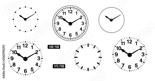 Fotografija Collection of Clock Faces: A visual assortment of analog clock faces, some displaying specific times and others as minimalist guides, offering a variety of timekeeping representations