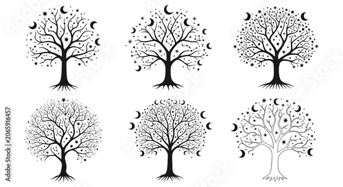 Collection of six mystical trees with crescent moons in various phases, symbolizing nature and magic