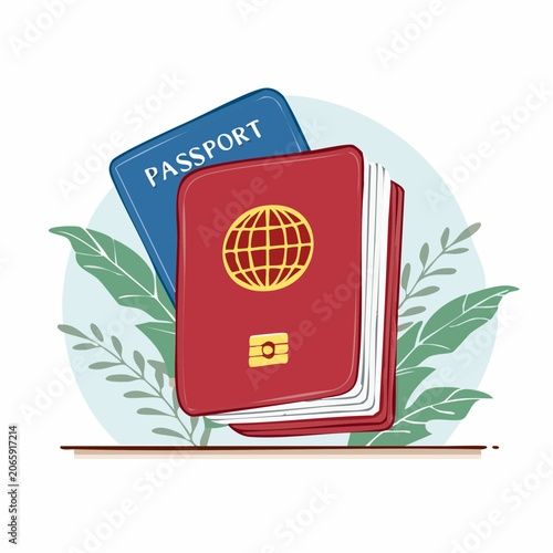 Two Passports with Globe Emblem and Green Leaves